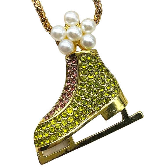 Source Unknown Jewelry - Pearl Ice Skate Green, & White, Crystal & Faux Necklace Brooch Pin Combo